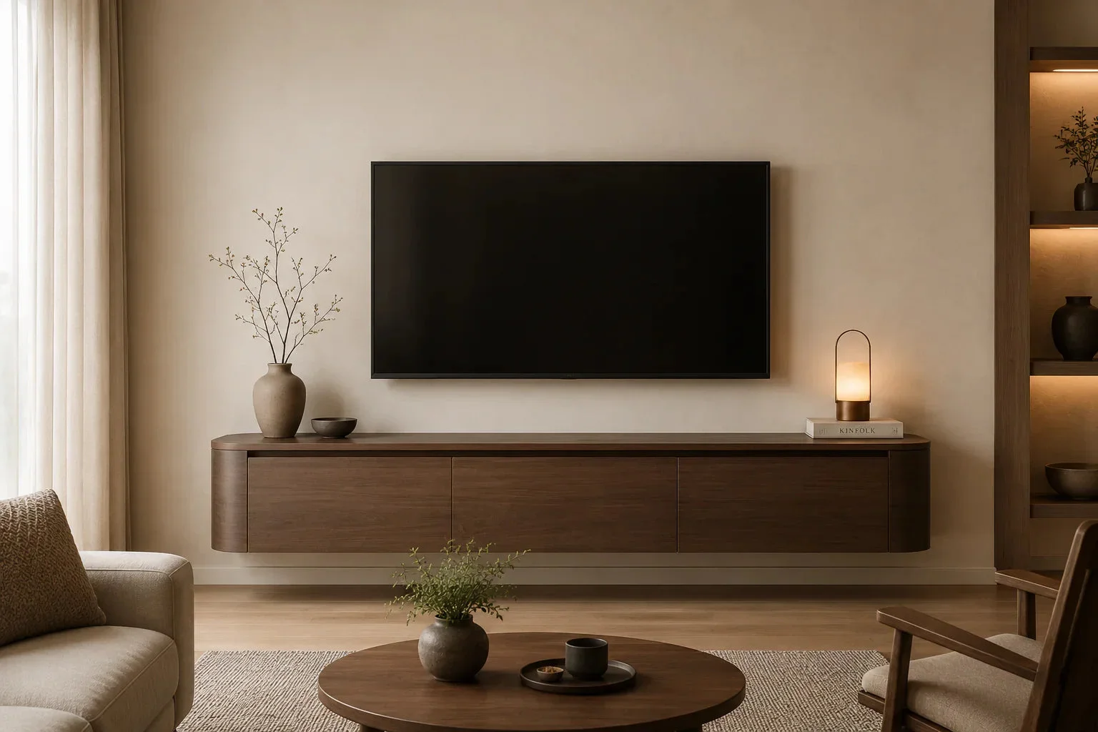 Japandi zwevend tv-meubel in walnoot onder een tv-wand