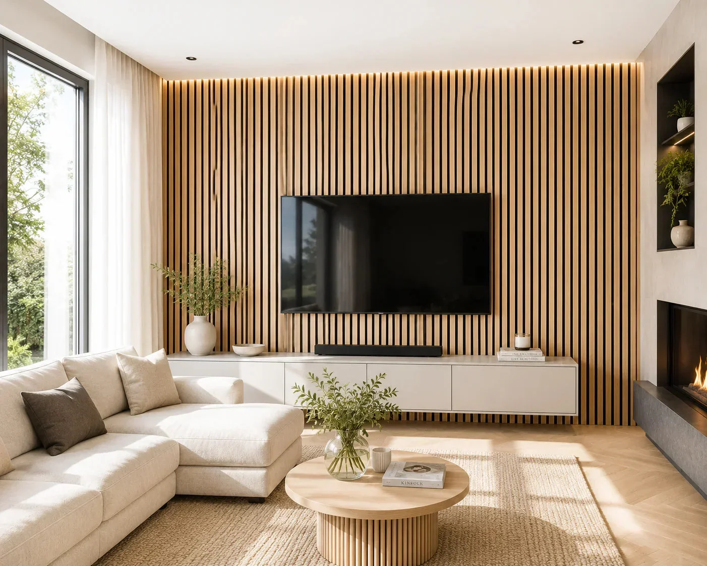 Akupanel Natuur Eiken akoestische lattenwand in de woonkamer