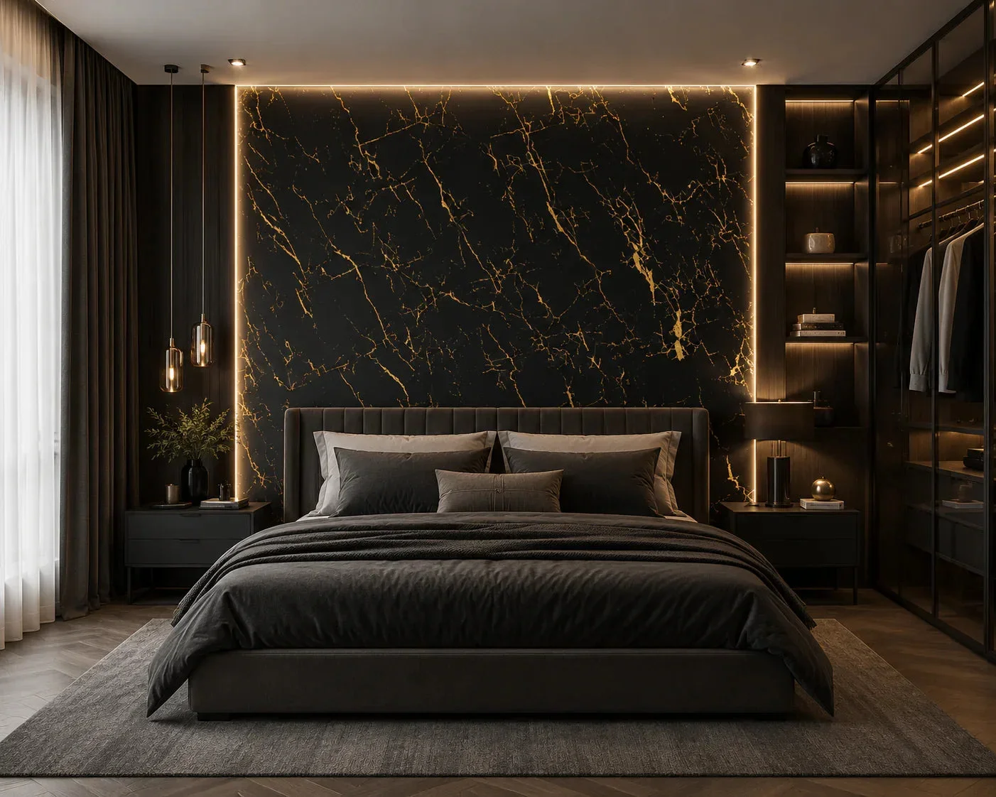PVC marmerlook wandpaneel Gold Black achter het bed