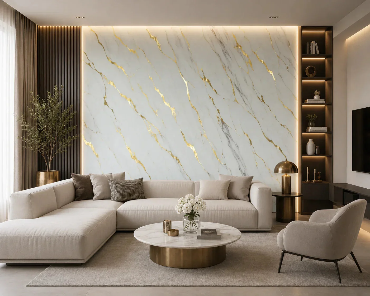 Marmerlook wandpaneel Goud Calacatta als accentwand achter de bank